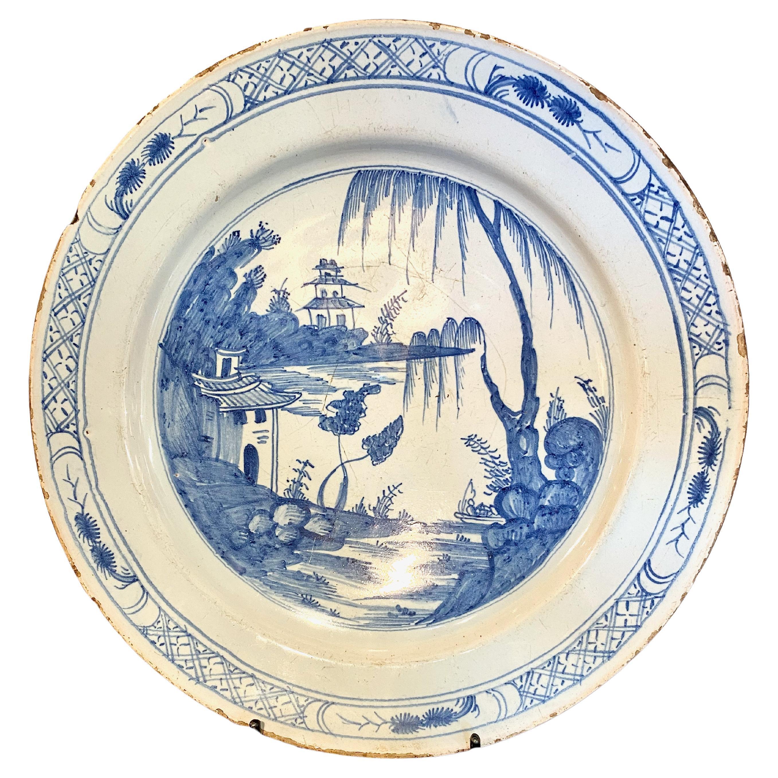 18th Century Delft Chinoiserie Charger For Sale