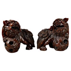 Pair Large Carved Fu Lions