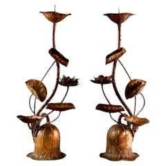 Japanese Bronze Candle Stands, Lotus Design, Mid-Showa Era, 1960s