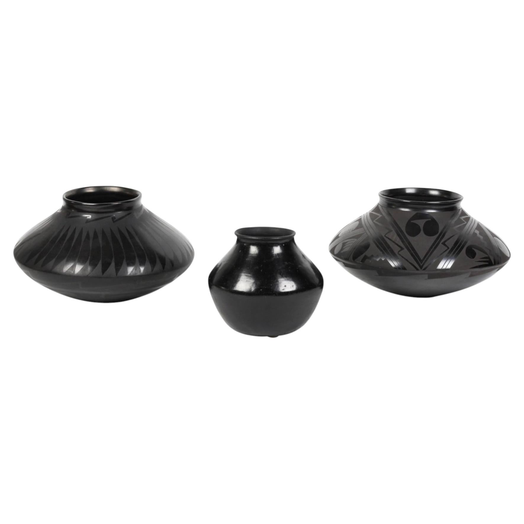 Three Mata Ortiz Blackware Ceramic Vessels, Hand-Painted Mid-20th Century