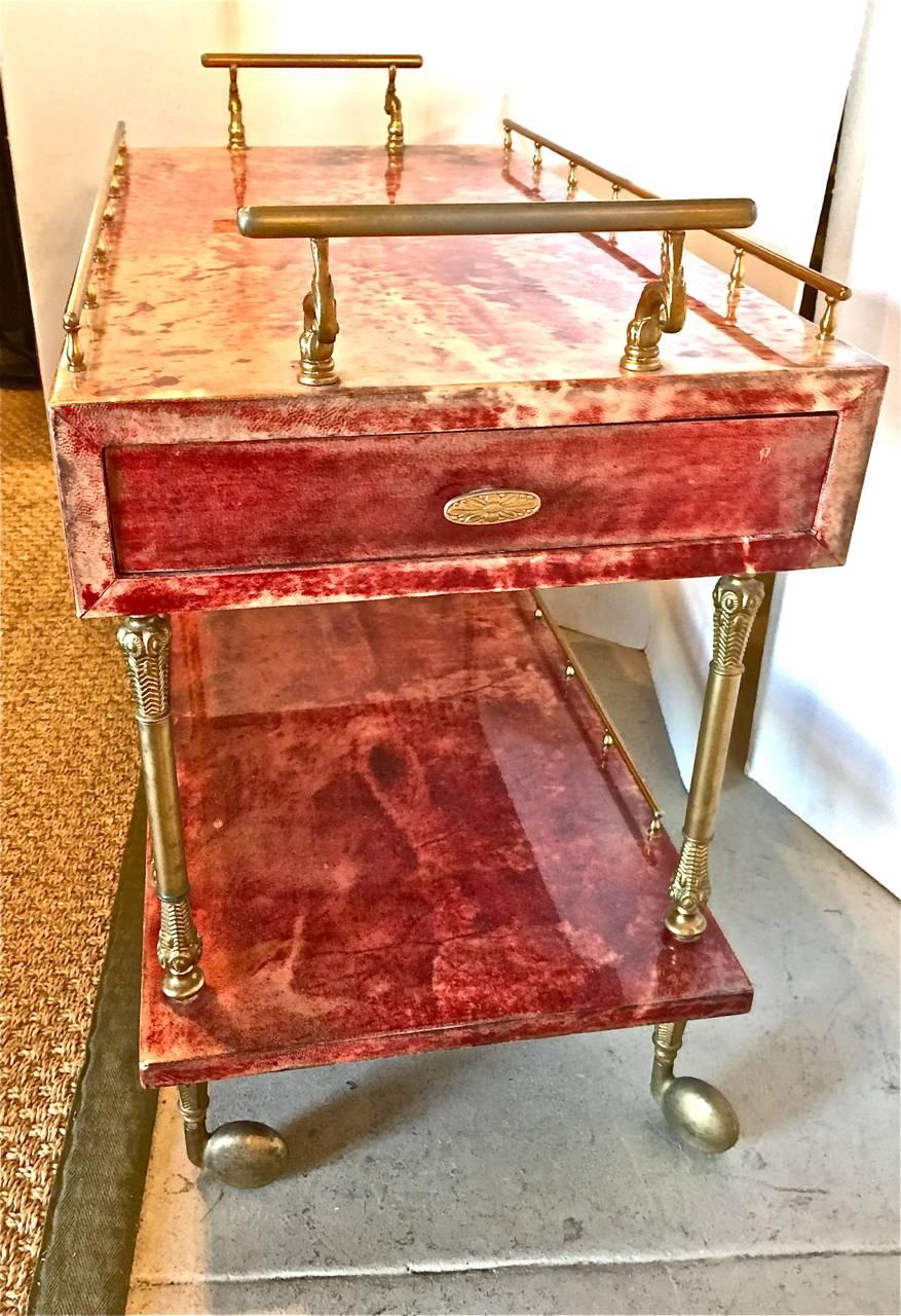 Mid-Century Modern Aldo Tura Bar Cart in Red Lacquer with Two Drawers