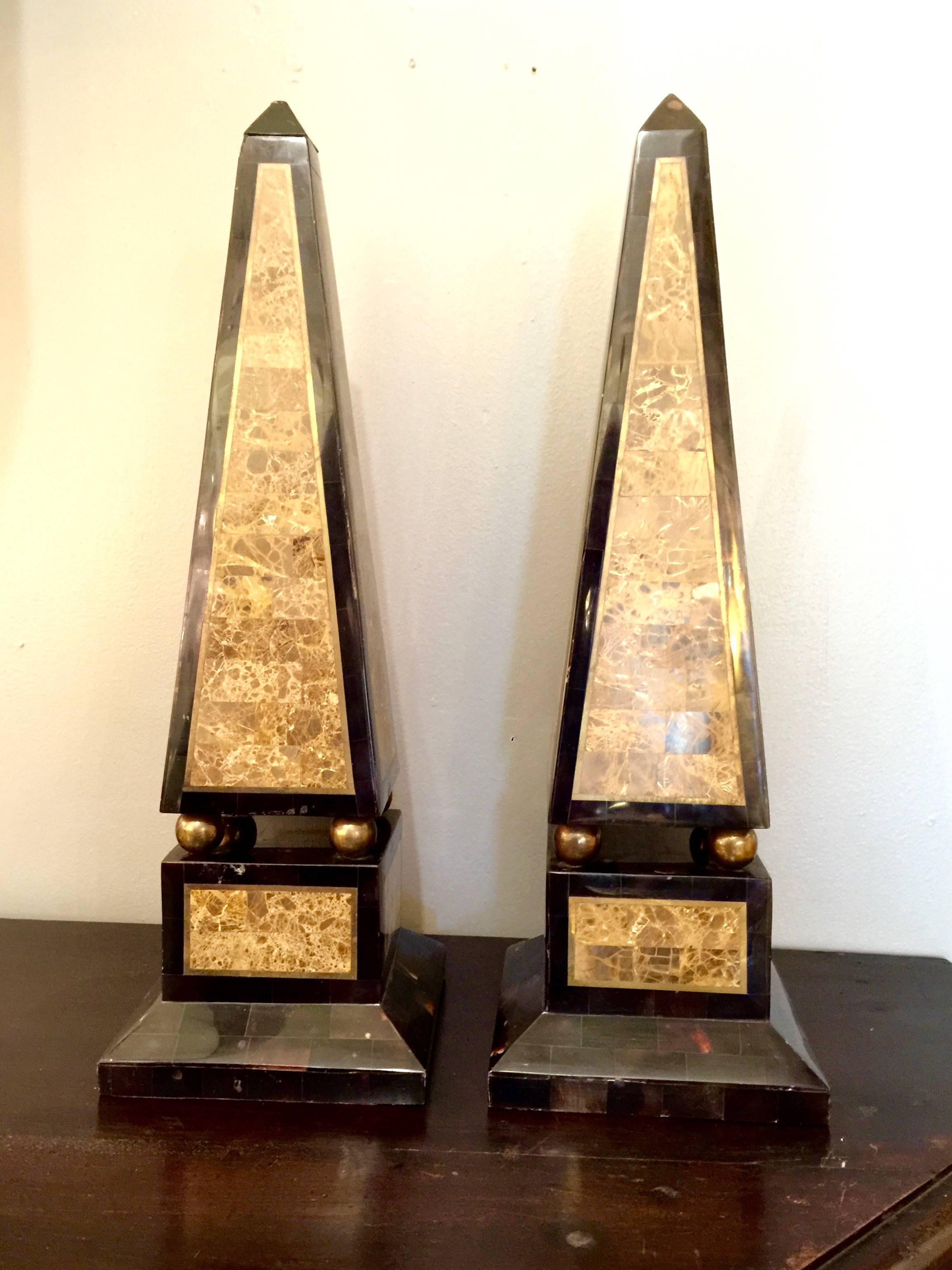 American Pair of Maitland-Smith Tessellated Shell and Marble Obelisks