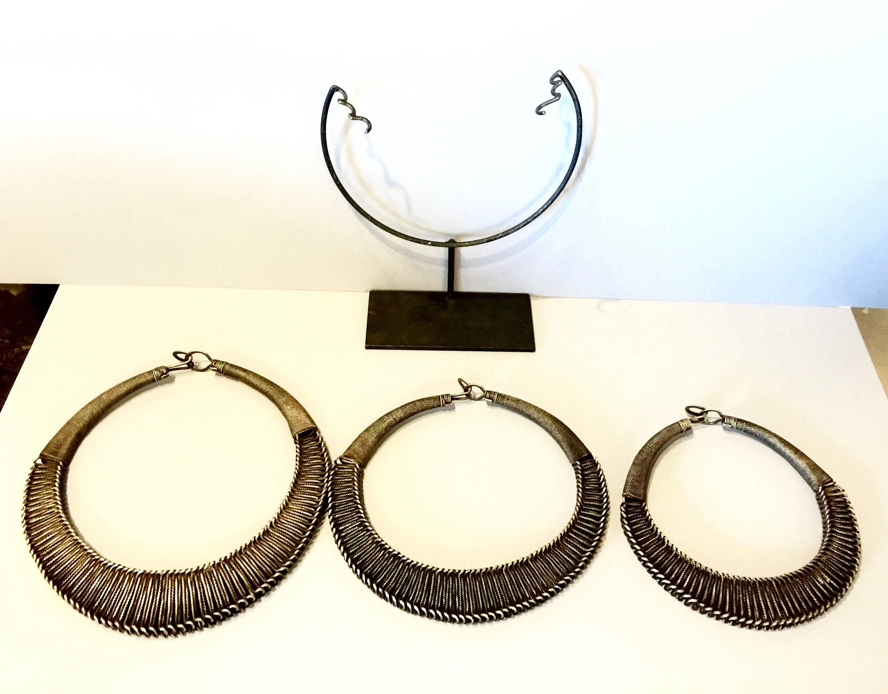 Tribal Set of Three Miao Hmong Woven Silver Necklaces on Stand