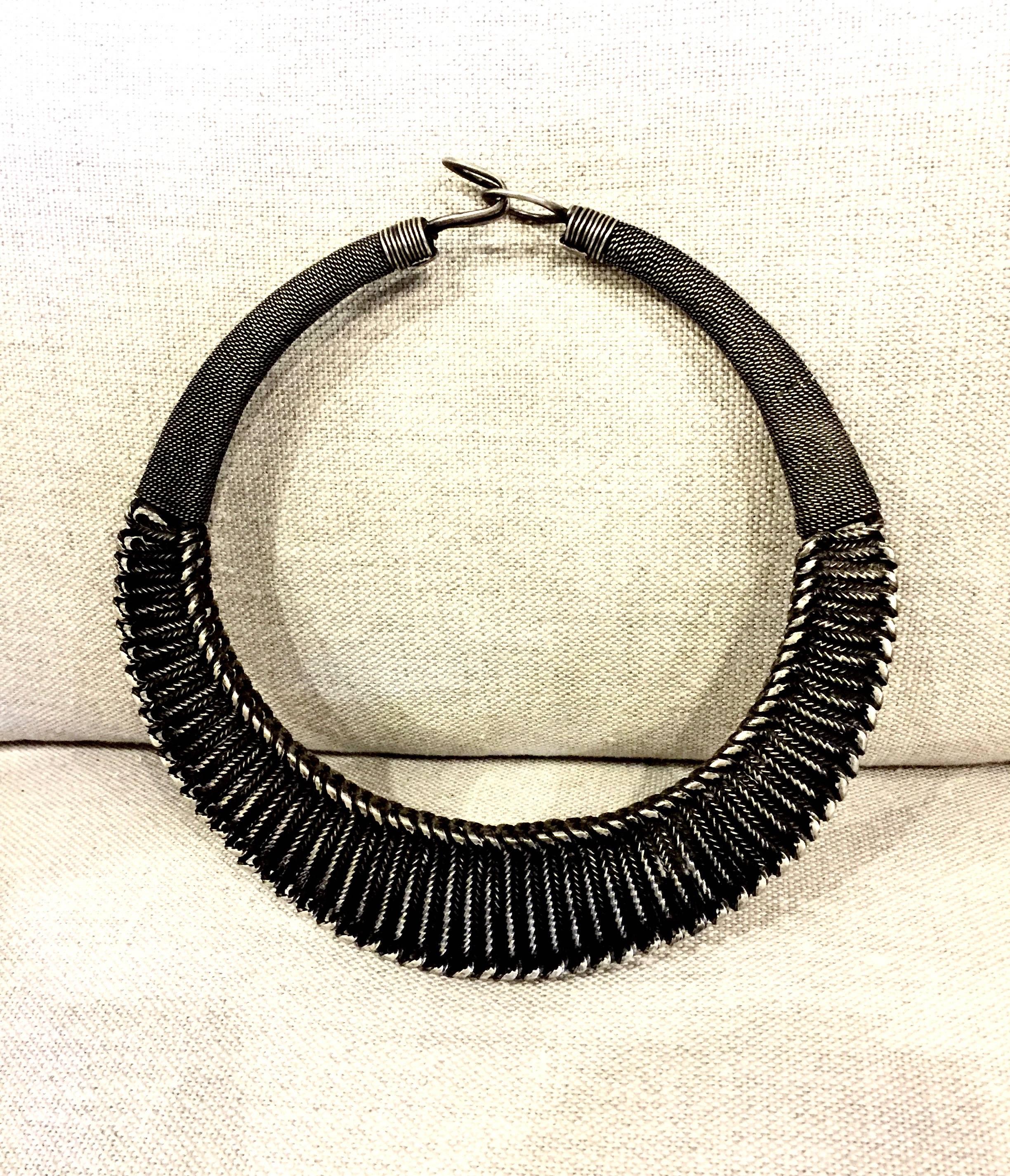 Set of Three Miao Hmong Woven Silver Necklaces on Stand In Good Condition In Pasadena, CA