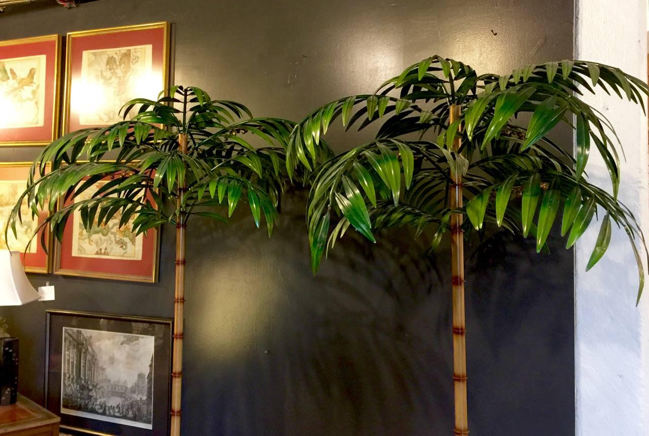 Mid-Century Modern Pair of Tall Regency-Style Tole Palm Trees