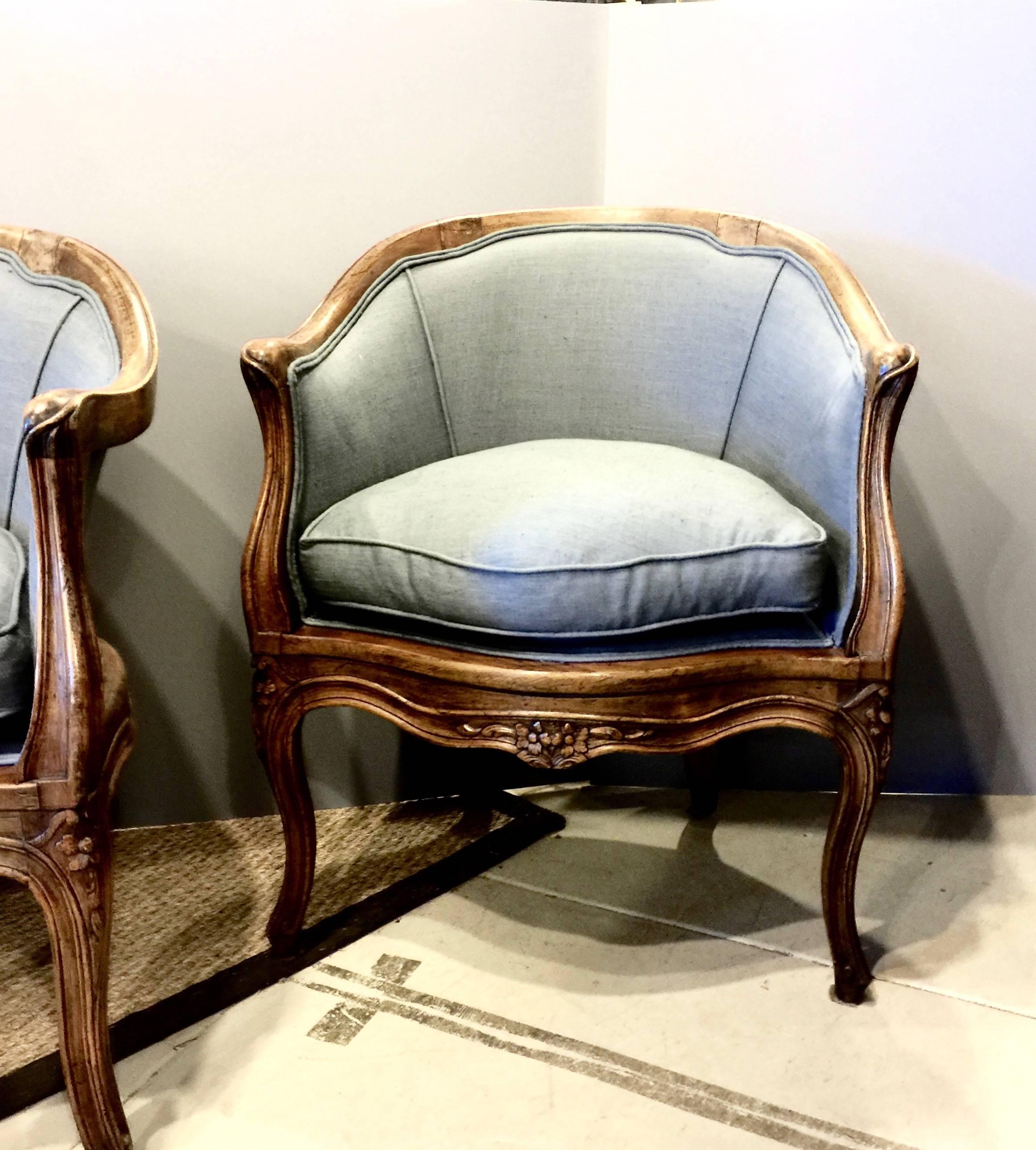French Pair of Louis XV Style Barrel Back Bergeres