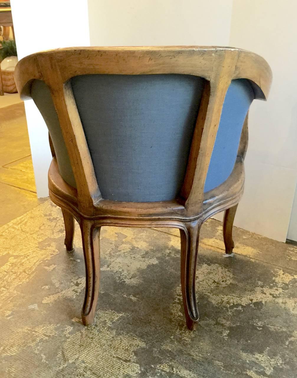 Linen Pair of Louis XV Style Barrel Back Bergeres