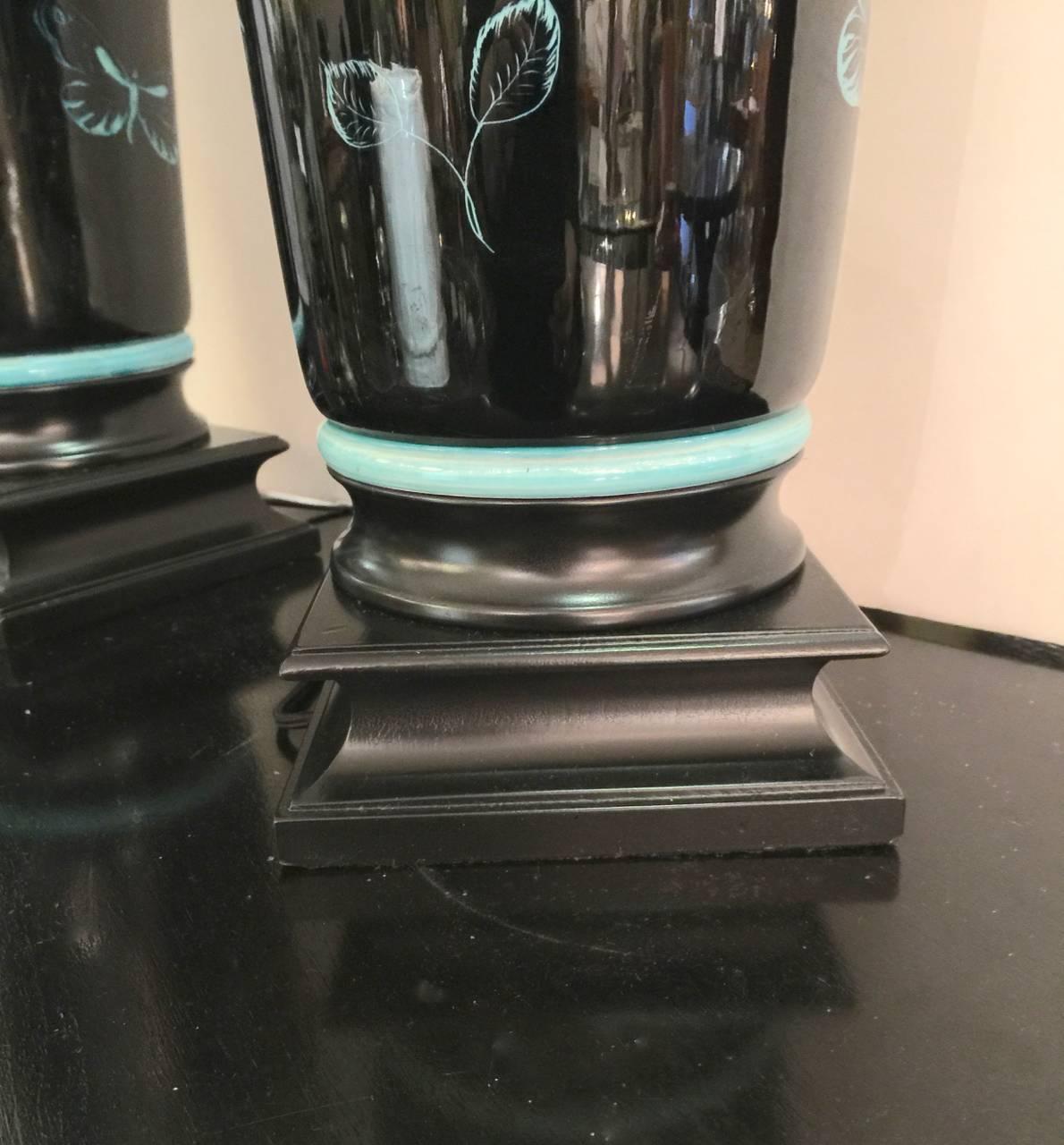 American Marbro Black Mirror Glazed Turquoise Butterfly Lamp, circa 1970-1980