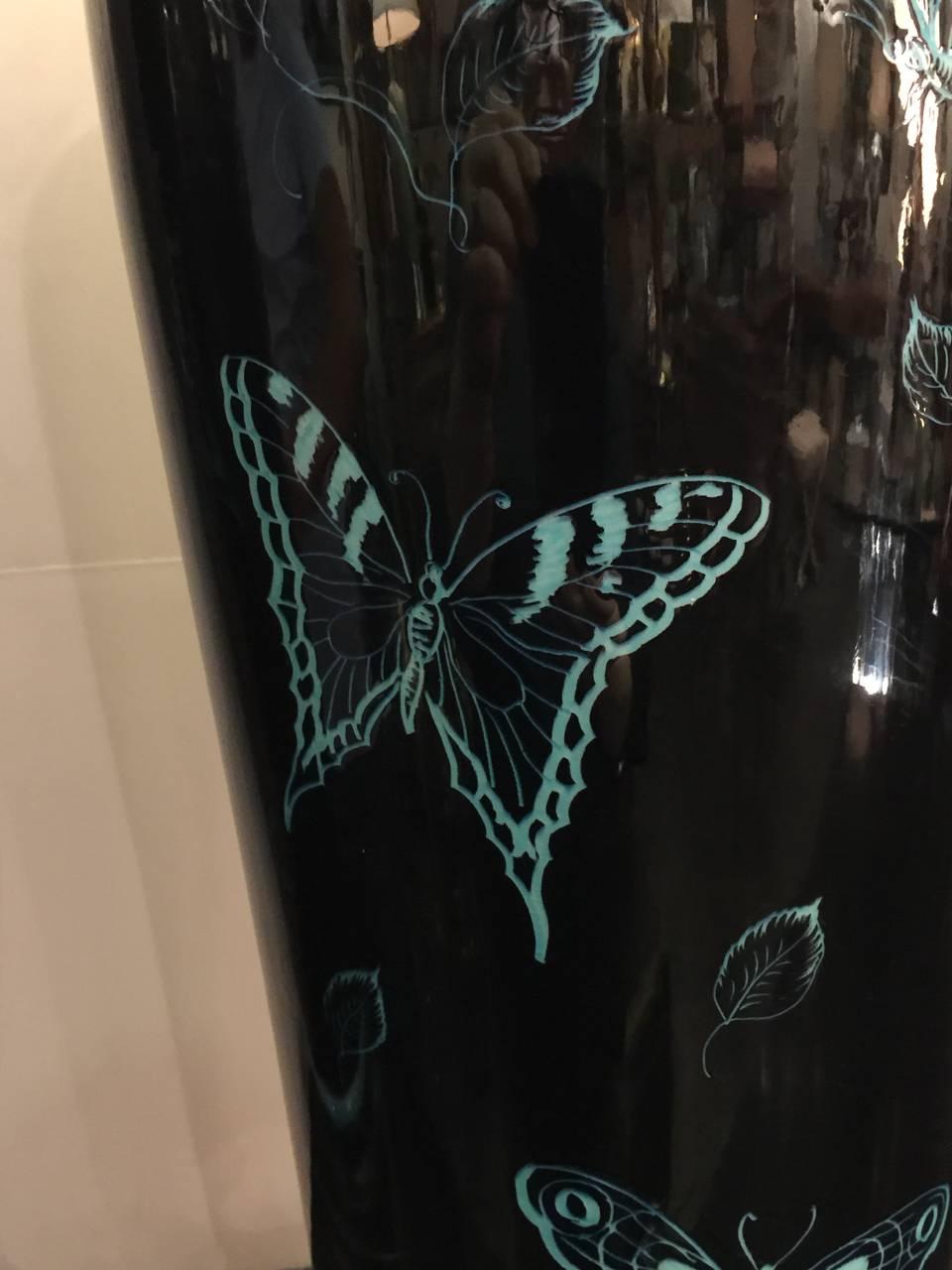 20th Century Marbro Black Mirror Glazed Turquoise Butterfly Lamp, circa 1970-1980