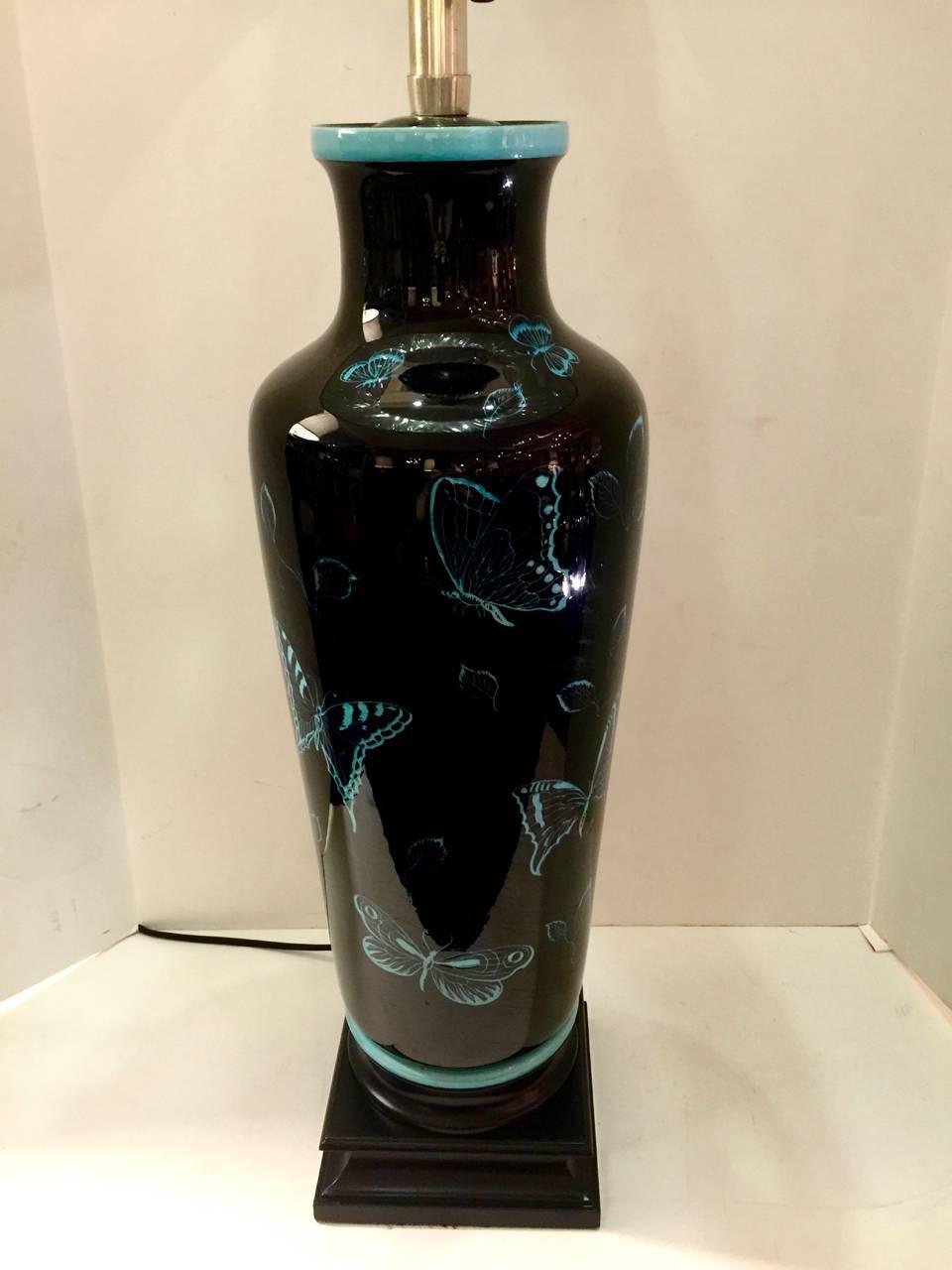 Marbro Black Mirror Glazed Turquoise Butterfly Lamp, circa 1970-1980 1