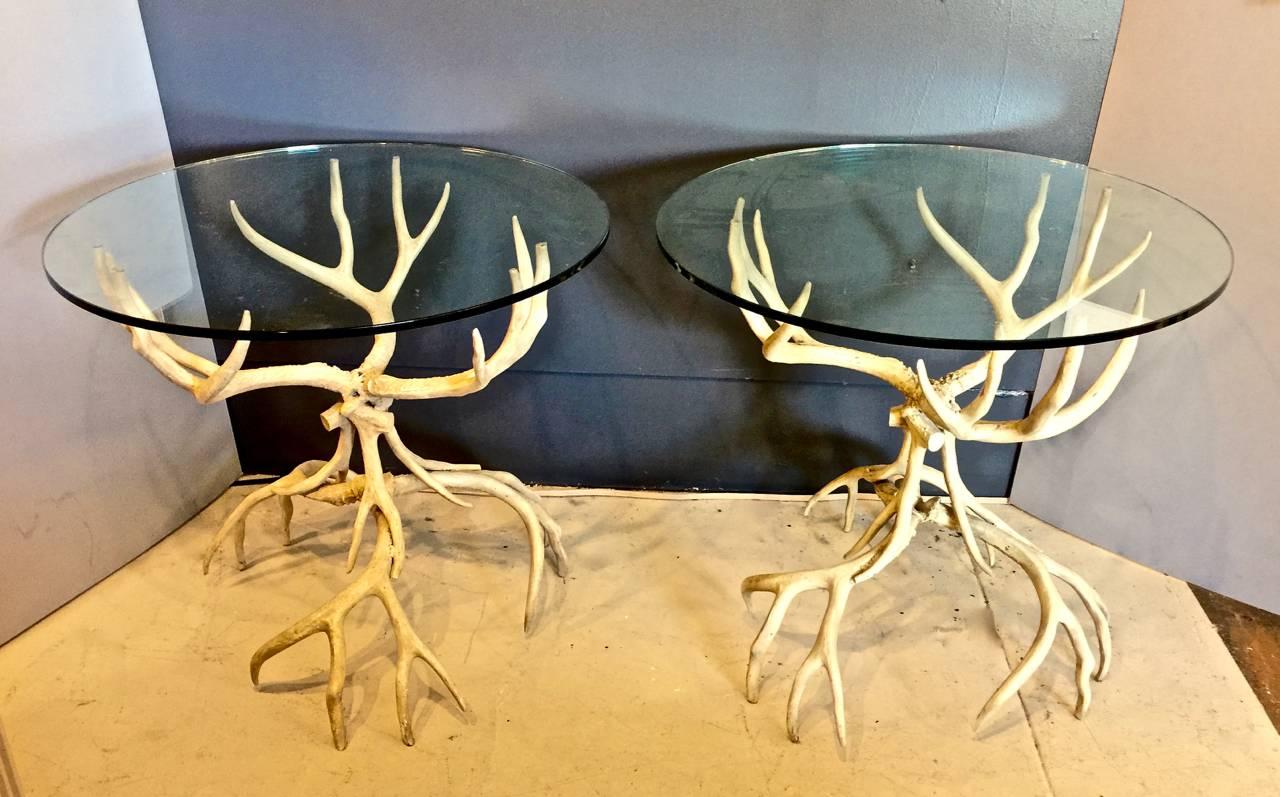This is a superb pair of Arthur Court Antler side tables. The antler-form bases are realistically cast and retain their original ivory toned paint. The 30