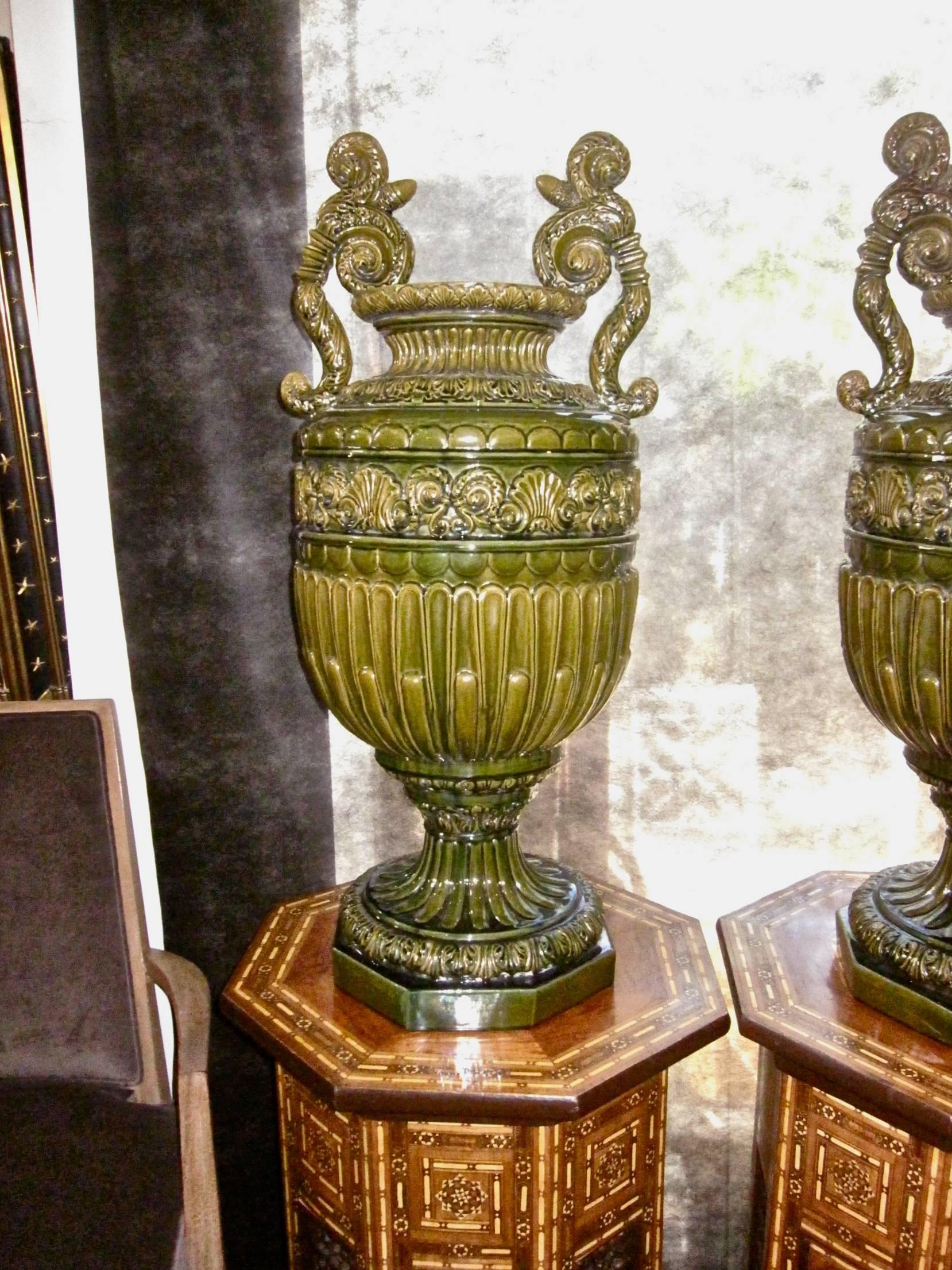 Renaissance Revival Pair of Impressive Majolica Urns by Jerome Massier Fils, Vallauris, France