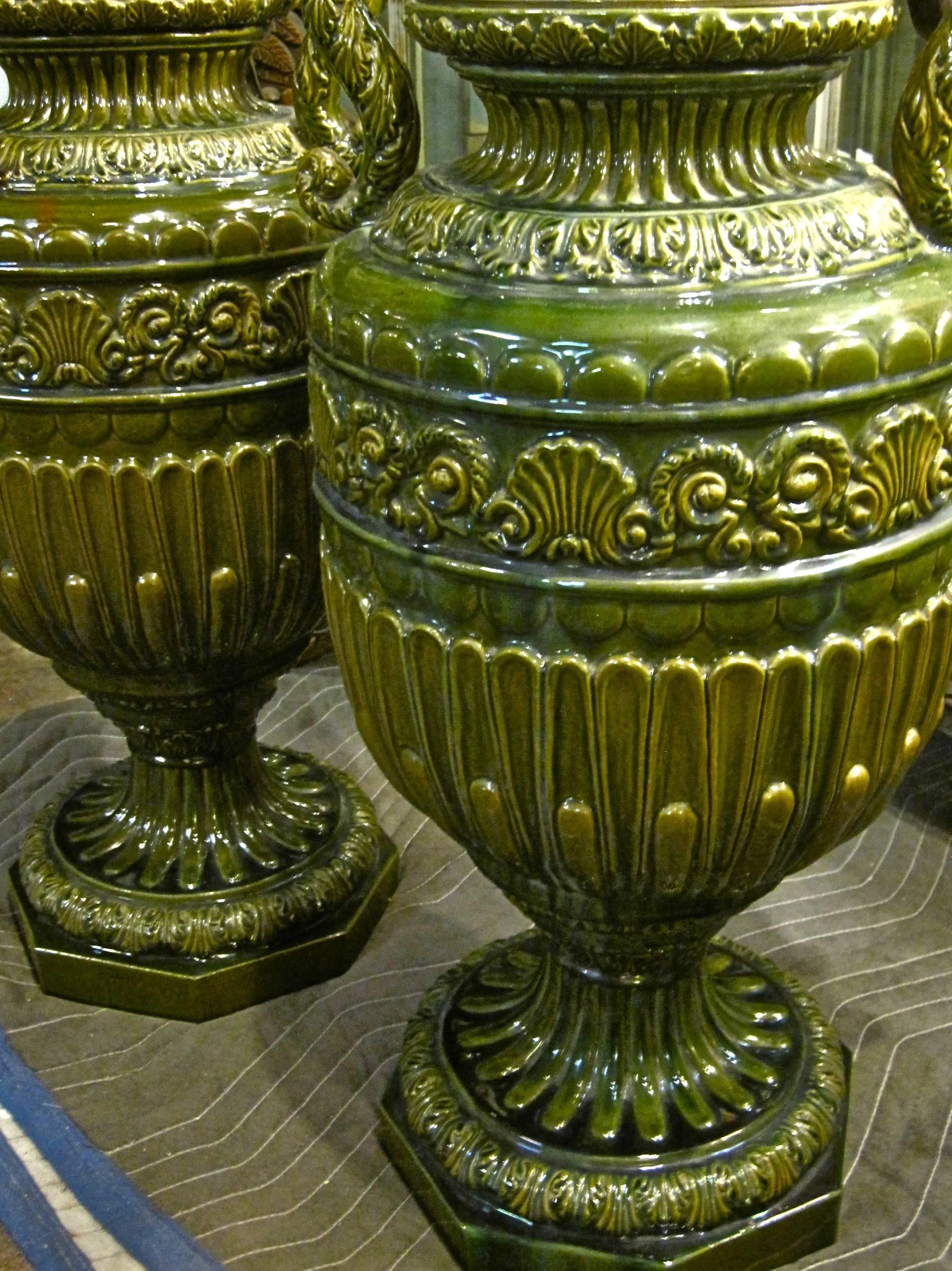 French Pair of Impressive Majolica Urns by Jerome Massier Fils, Vallauris, France