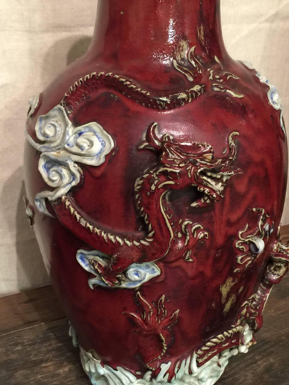 Hand-Crafted Large Japanese Dragon Sumida Vase, Meiji Period