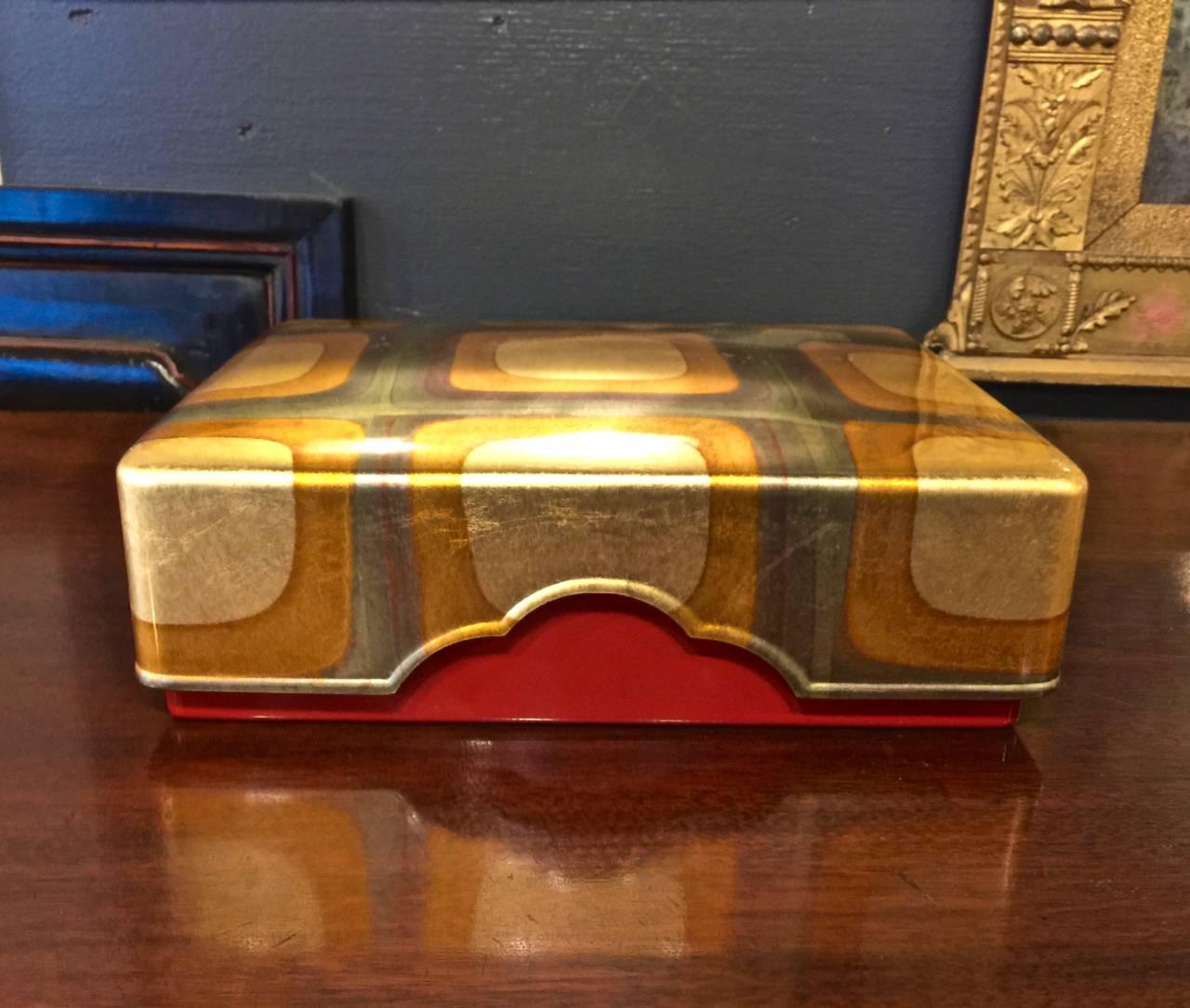 This is a stunning late 20th century, Japanese fine lacquer box that is decorated in a graphic pattern that seems to be inspired silk design. The box is in overall excellent condition; the white marks are due to light reflection.