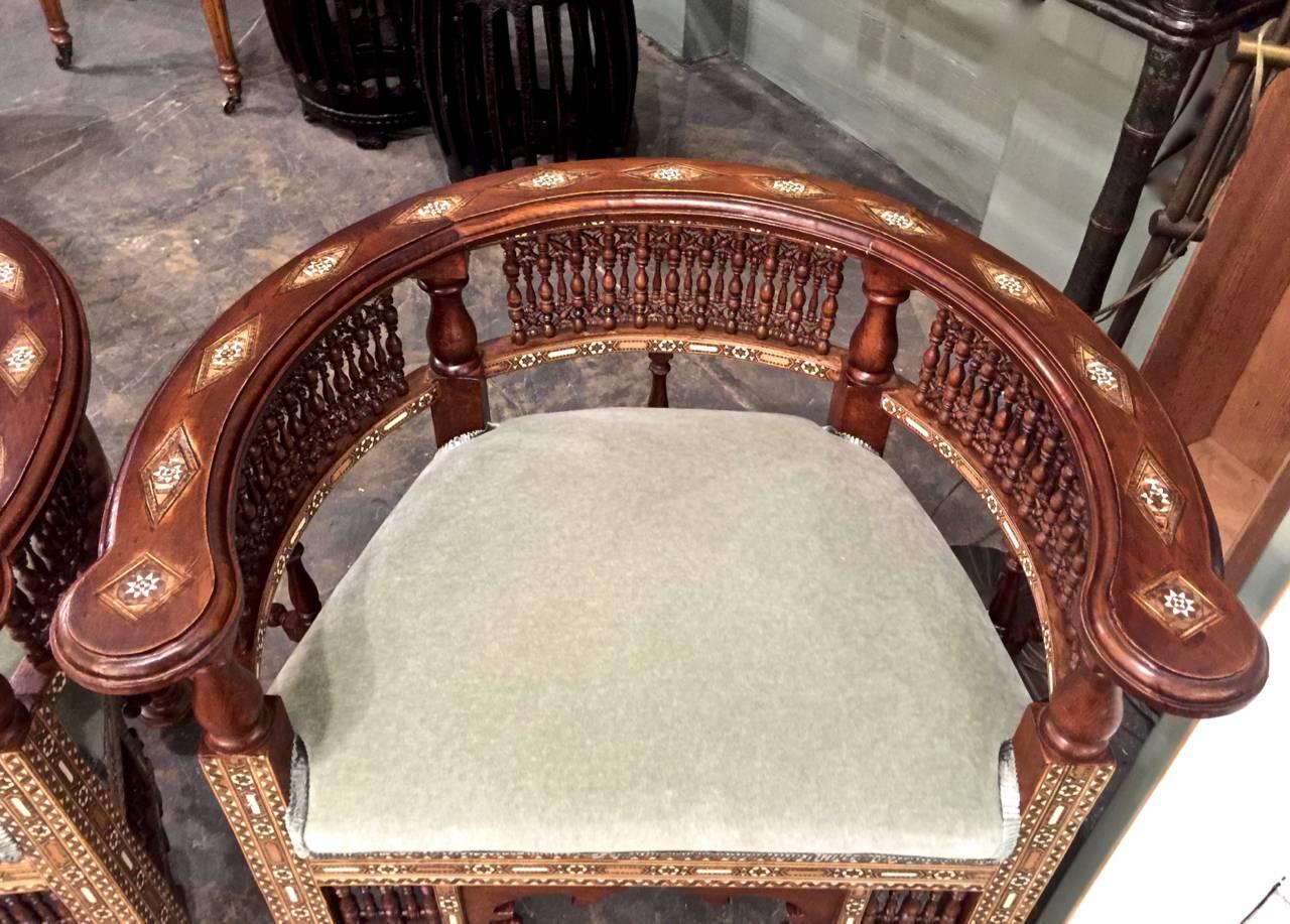 Moorish Pair of Antique Syrian Barrel Back Inlaid Chairs