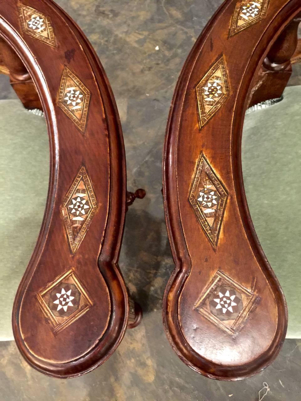 Hand-Carved Pair of Antique Syrian Barrel Back Inlaid Chairs