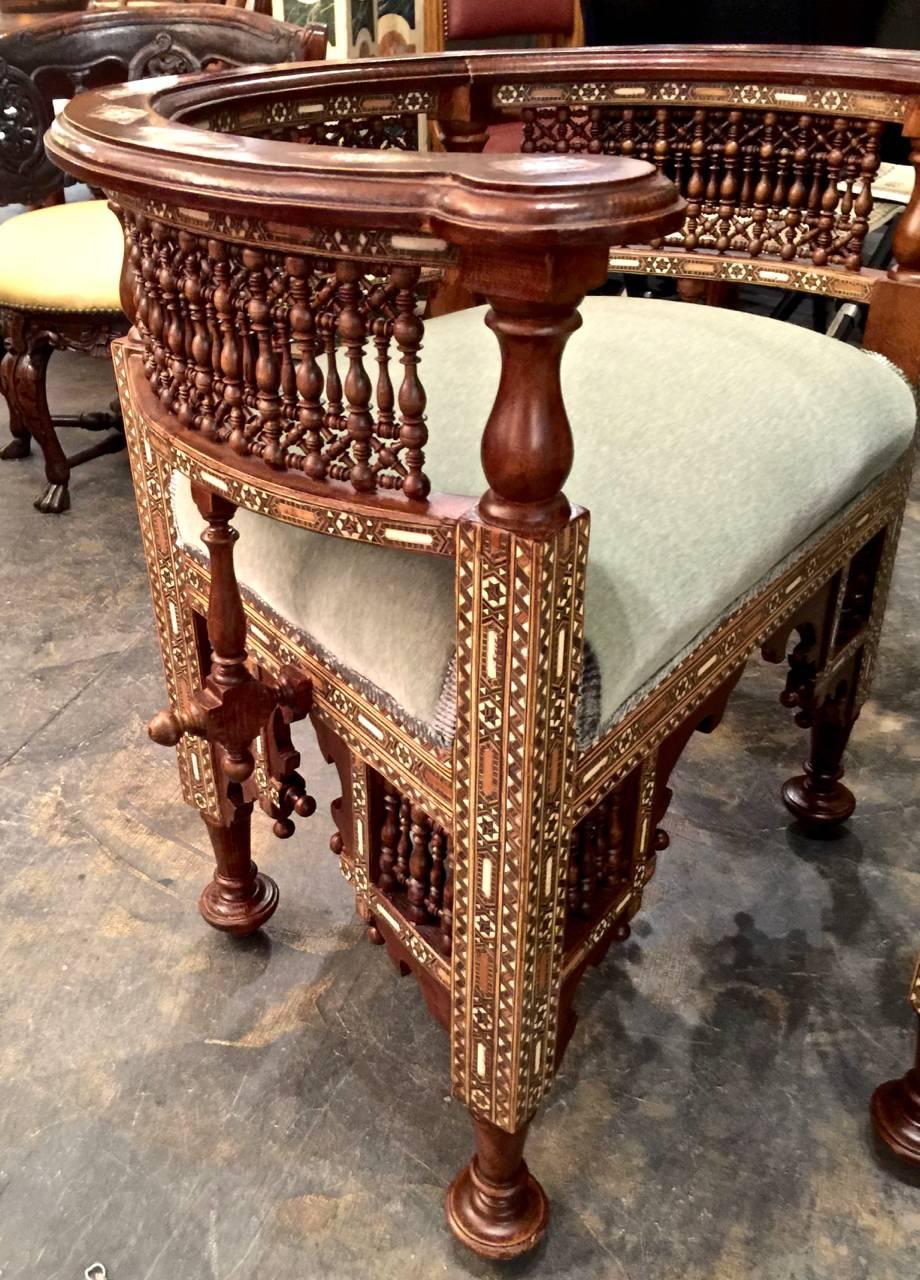 Pair of Antique Syrian Barrel Back Inlaid Chairs In Good Condition In Pasadena, CA