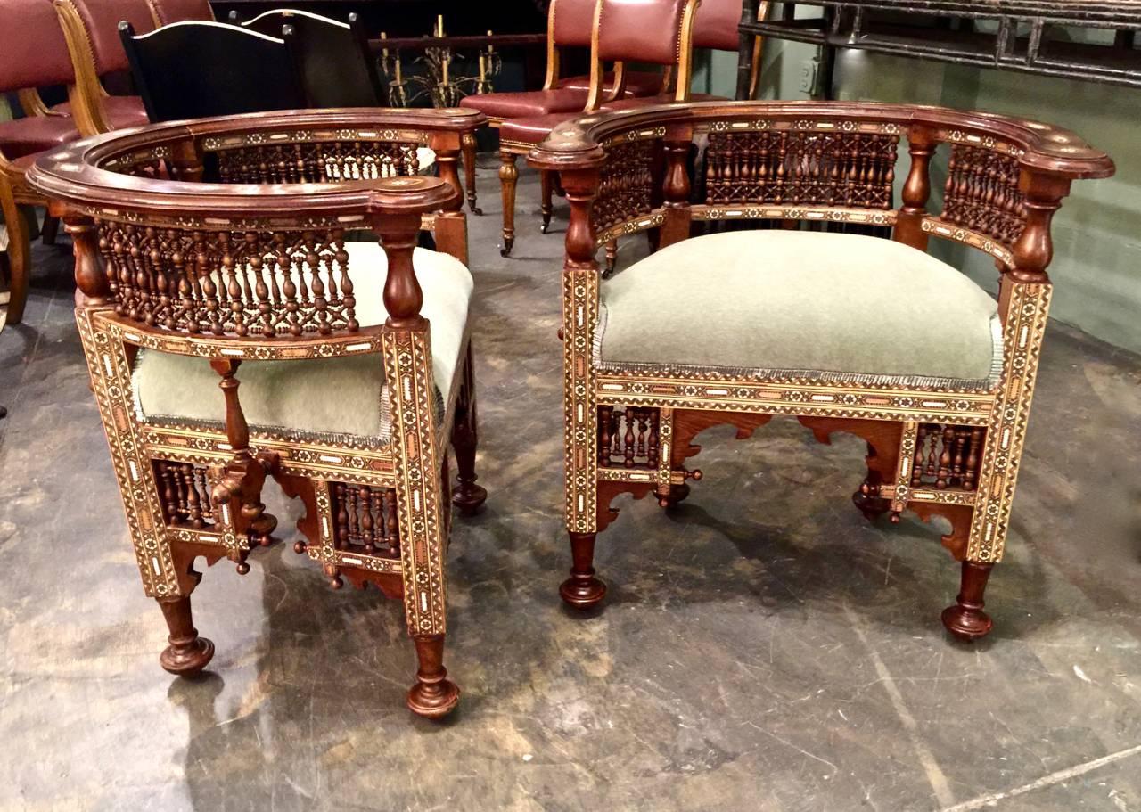 20th Century Pair of Antique Syrian Barrel Back Inlaid Chairs