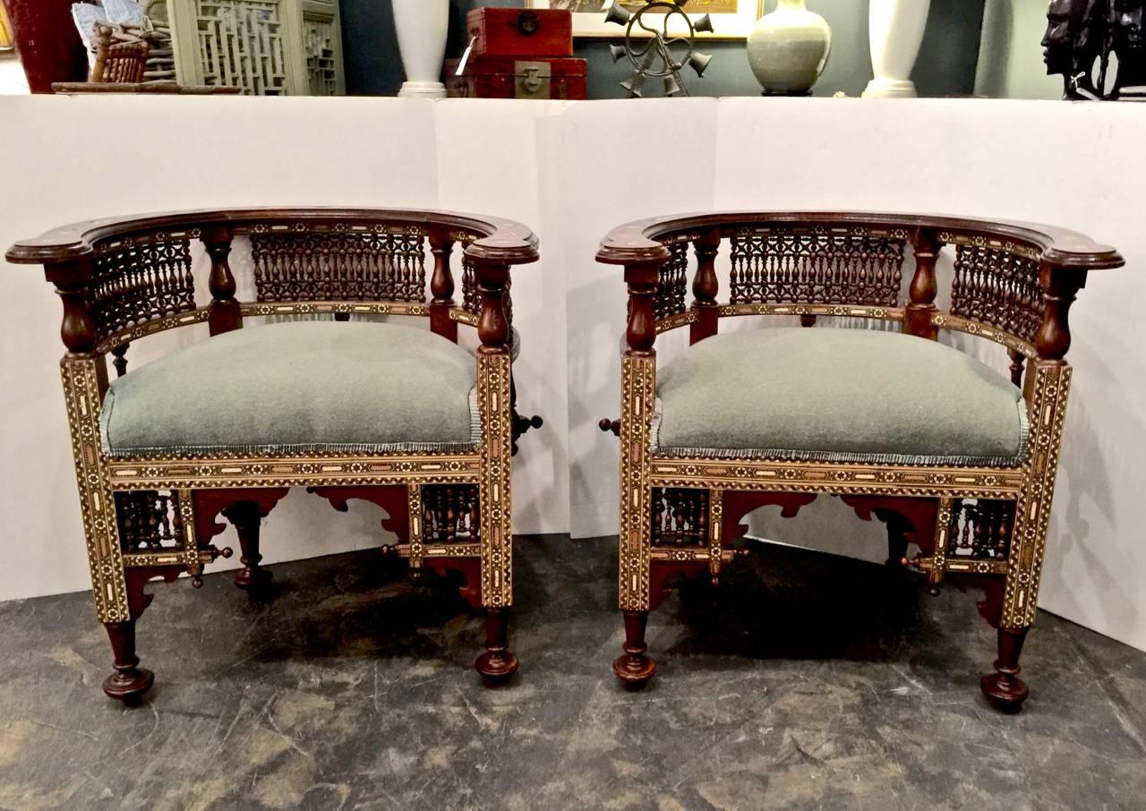 Pair of Antique Syrian Barrel Back Inlaid Chairs 2