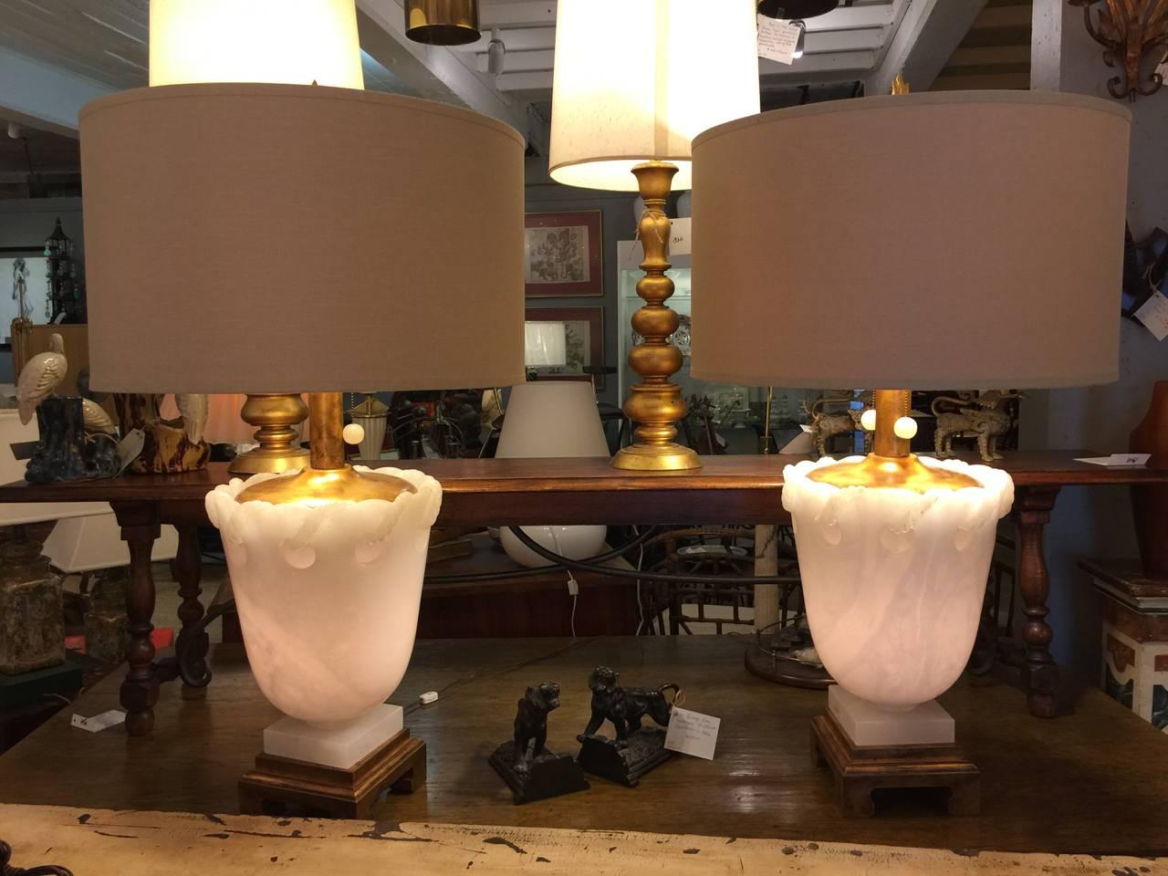 Brass Pair of Marbro Alabaster Urn Lamps