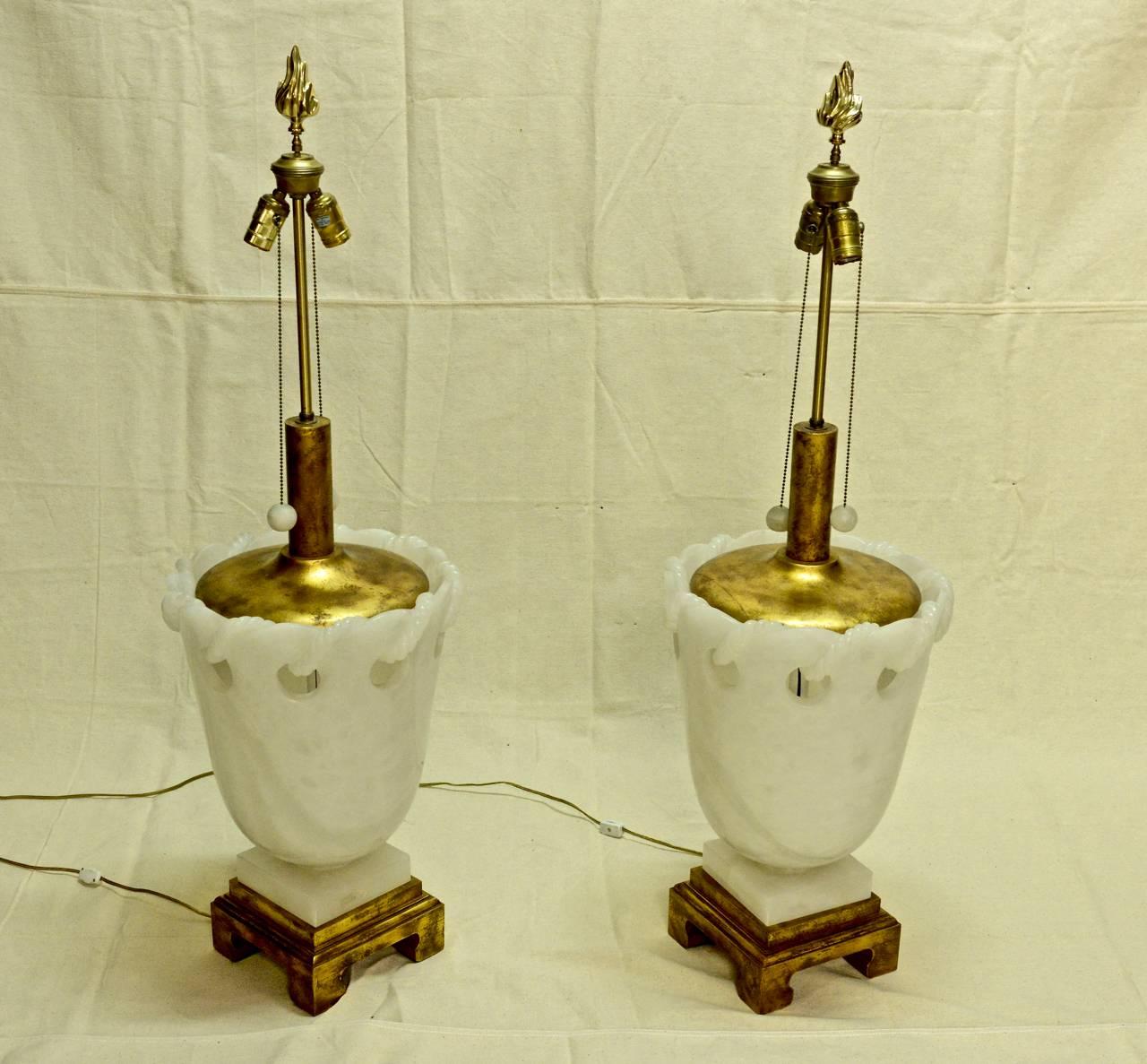 American Pair of Marbro Alabaster Urn Lamps