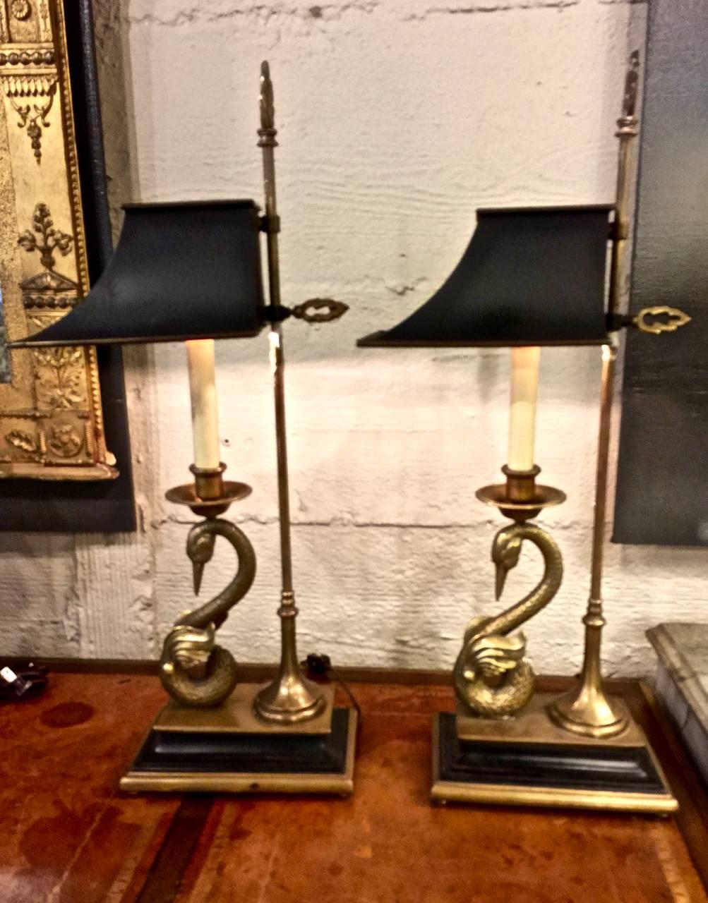 20th Century Pair of Chapman Empire-Style Swan Lamps