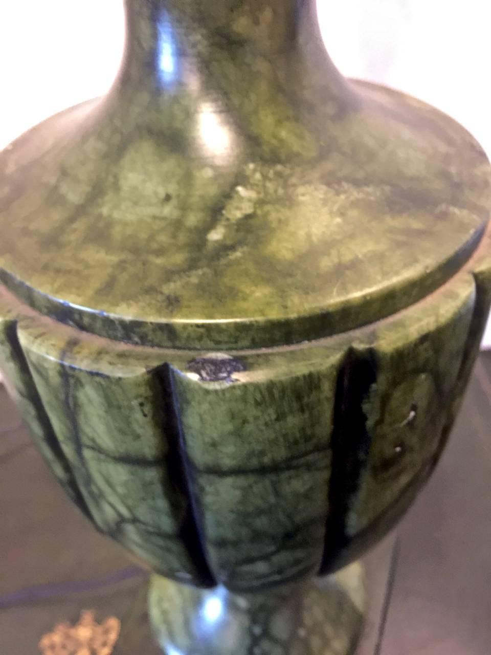 Neoclassical Pair of Green Carved Urn-Form Alabaster Lamps