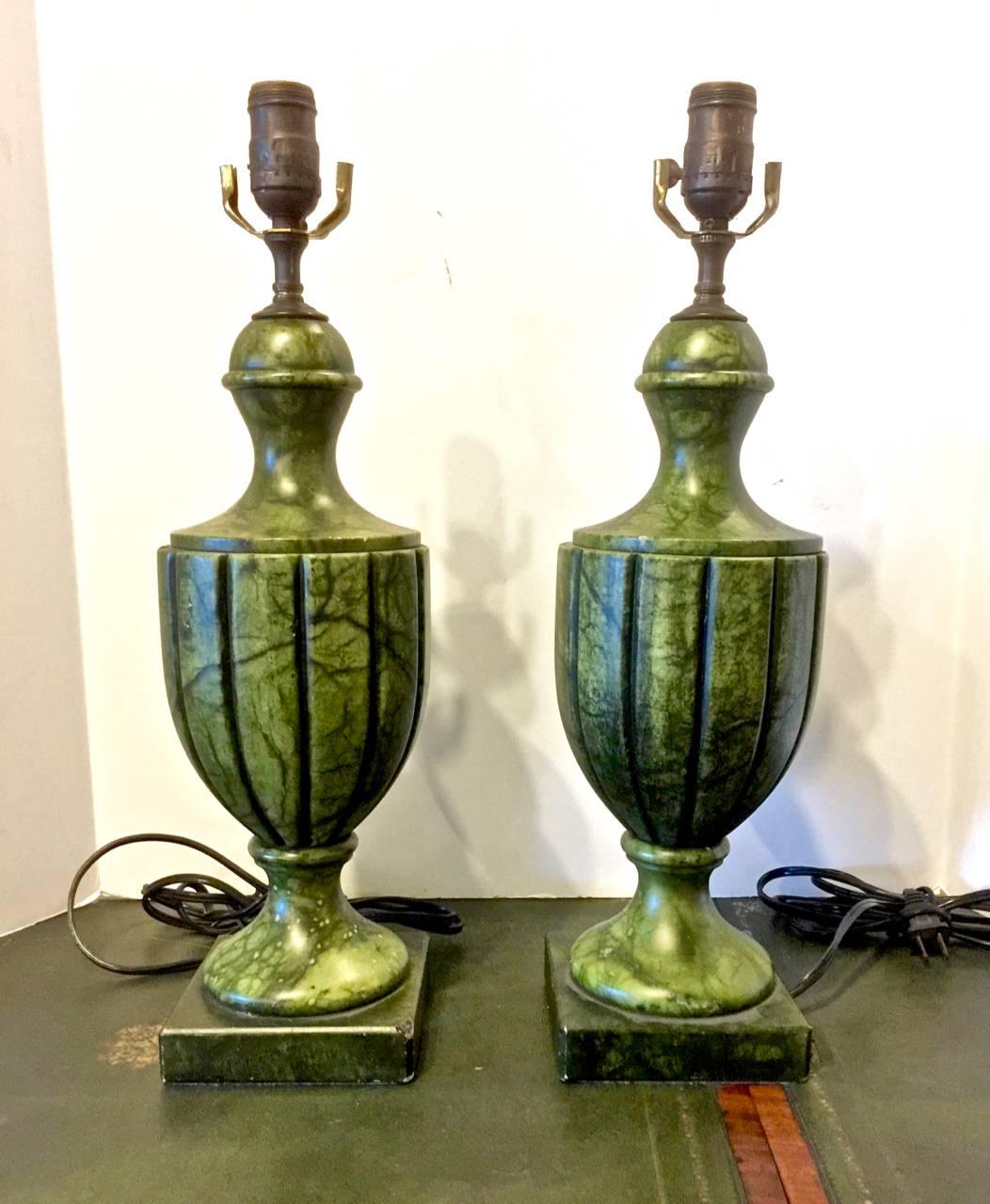 Italian Pair of Green Carved Urn-Form Alabaster Lamps