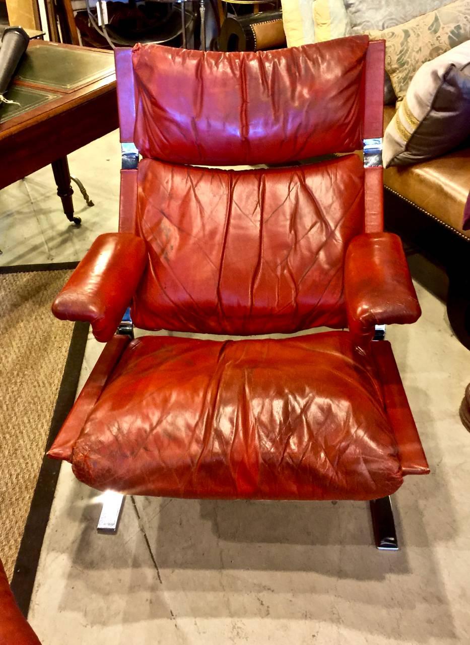 Swiss Saporiti Lounge Chair and Ottoman in Original Leather