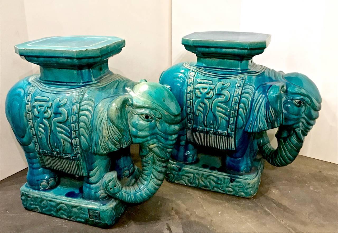 Asian Pair of Turquoise Elephant Garden Seats, circa 1960s