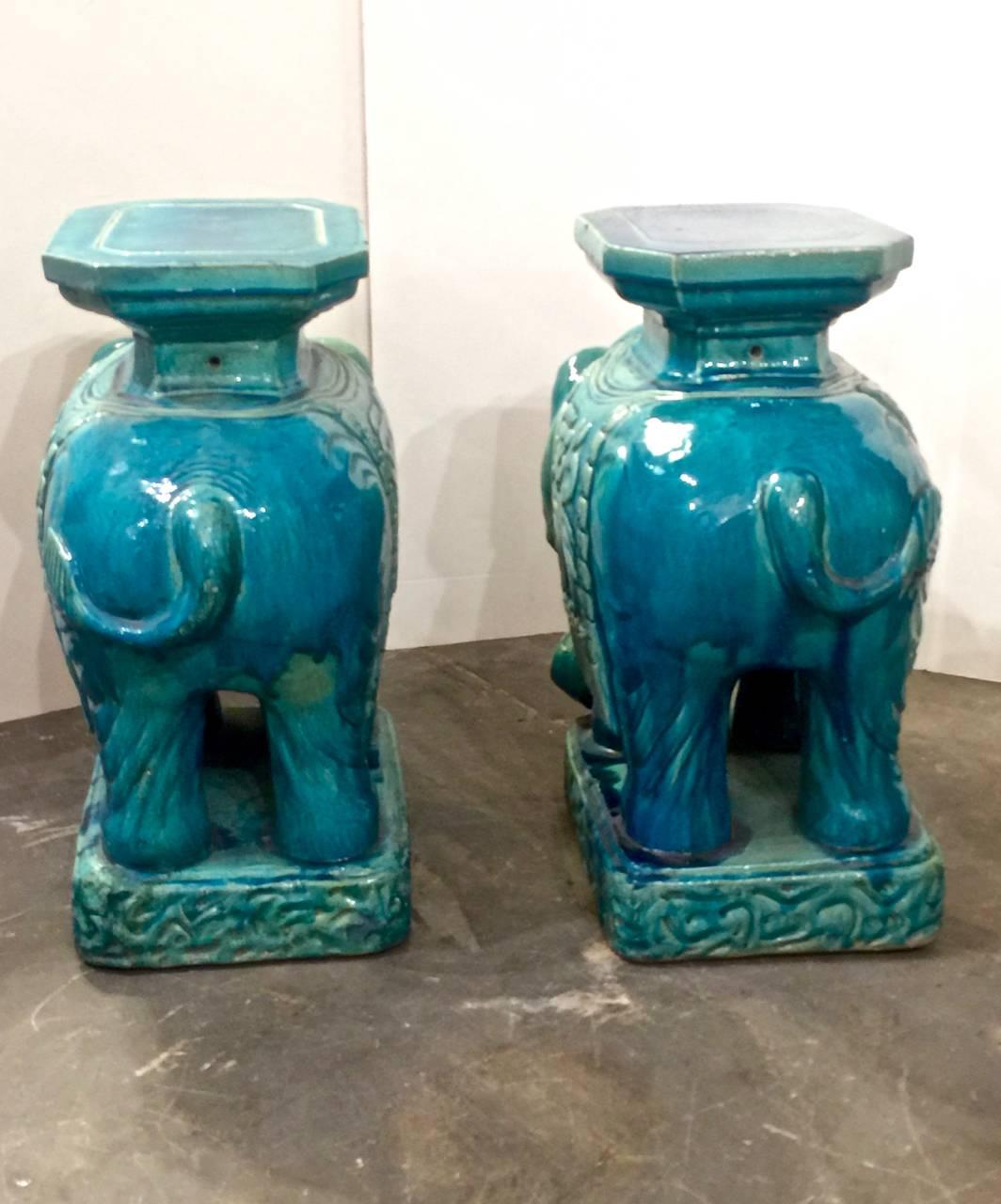 Glazed Pair of Turquoise Elephant Garden Seats, circa 1960s