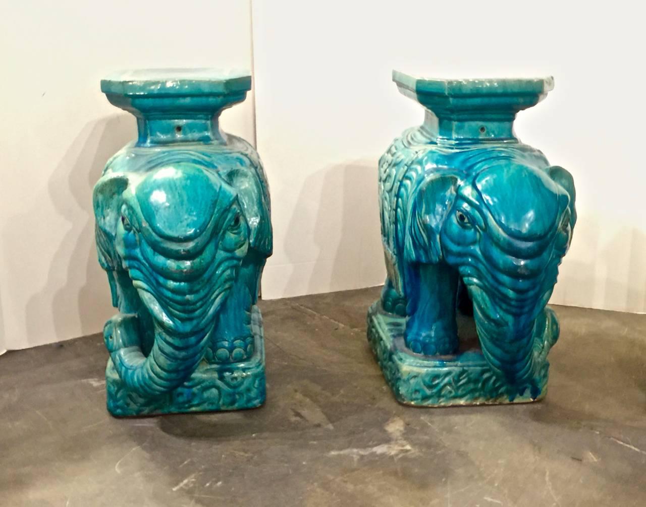 Pottery Pair of Turquoise Elephant Garden Seats, circa 1960s