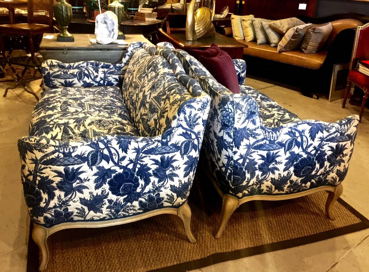 French Pair Vintage Toile Small Louis XV-Style Sofas