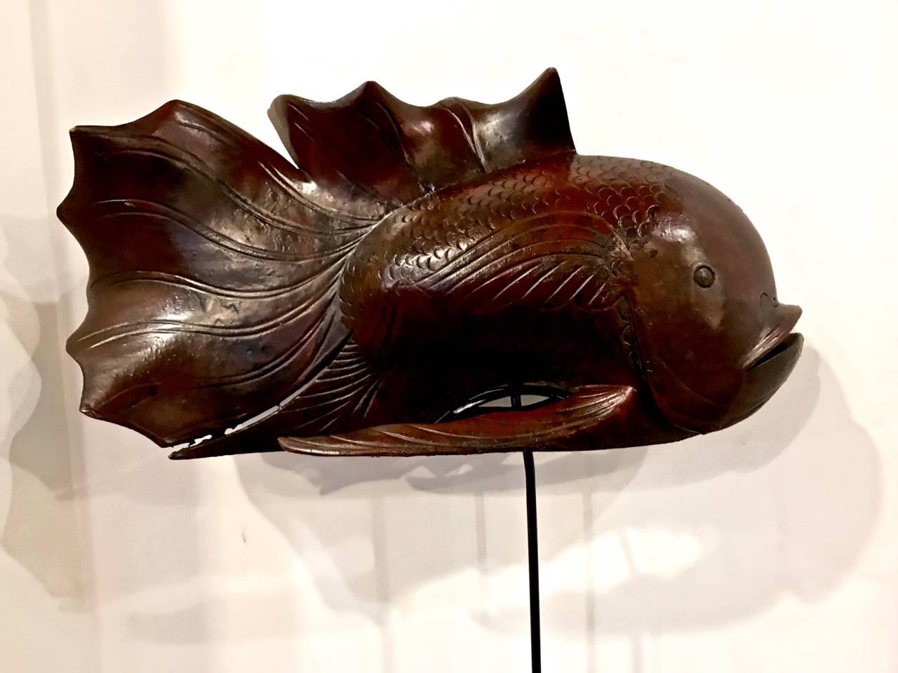 Anglo-Japanese Pair of Japanese Carved Rosewood Koi Sculptures on Stands