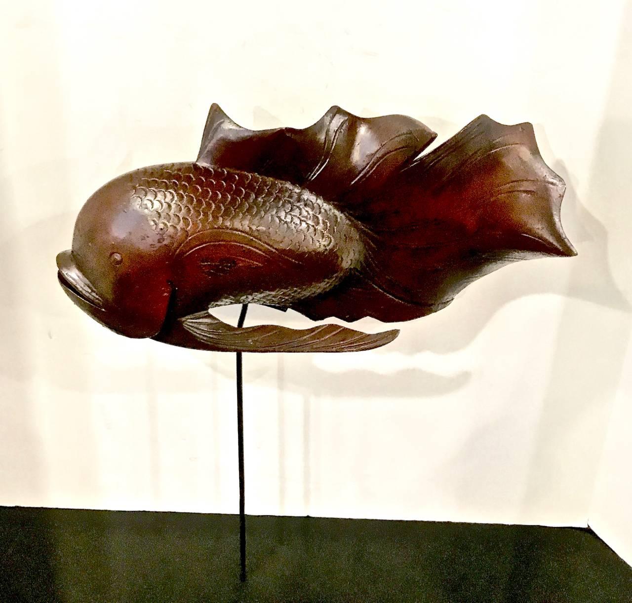 Hand-Carved Pair of Japanese Carved Rosewood Koi Sculptures on Stands
