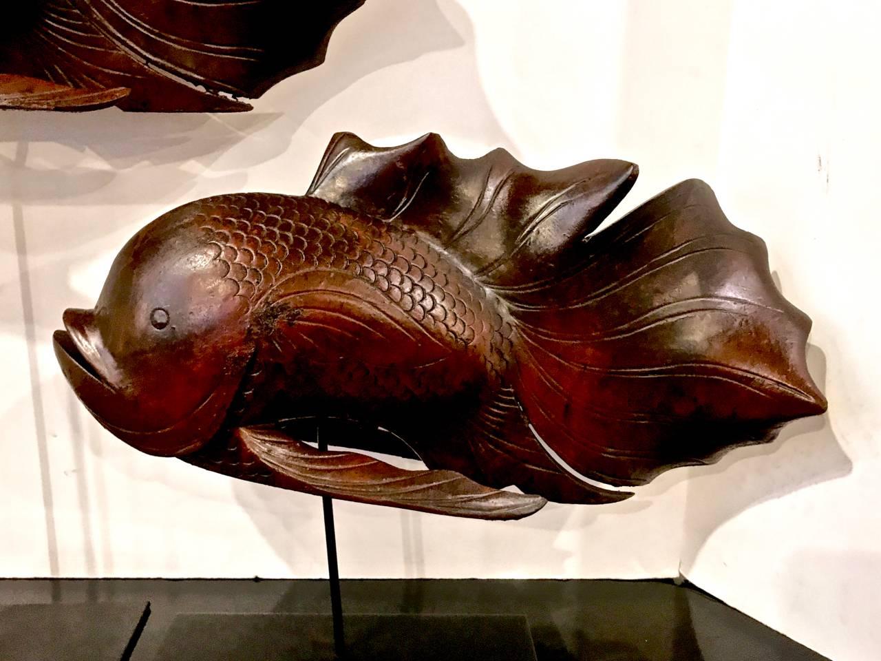 Pair of Japanese Carved Rosewood Koi Sculptures on Stands In Good Condition In Pasadena, CA