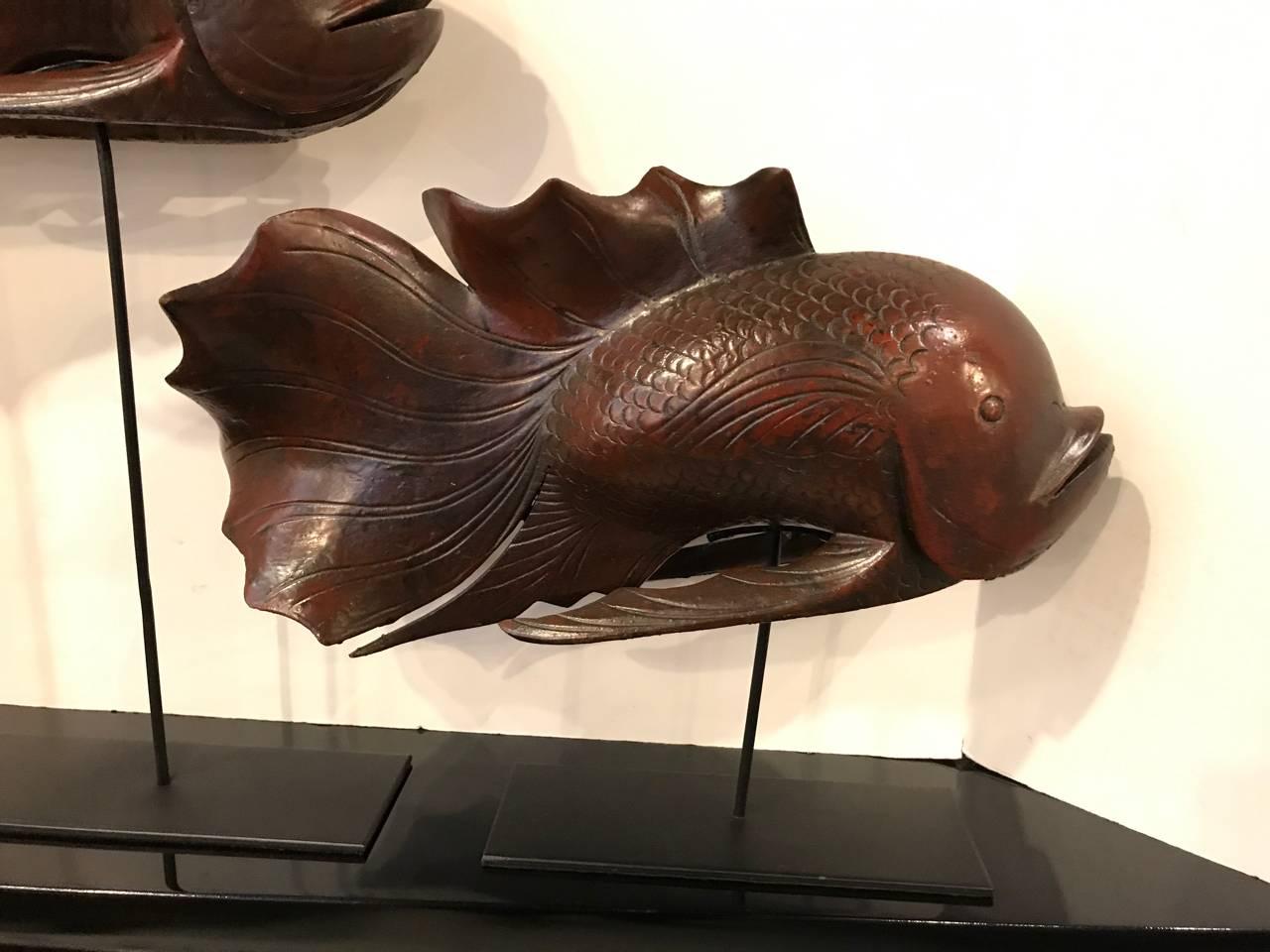 20th Century Pair of Japanese Carved Rosewood Koi Sculptures on Stands
