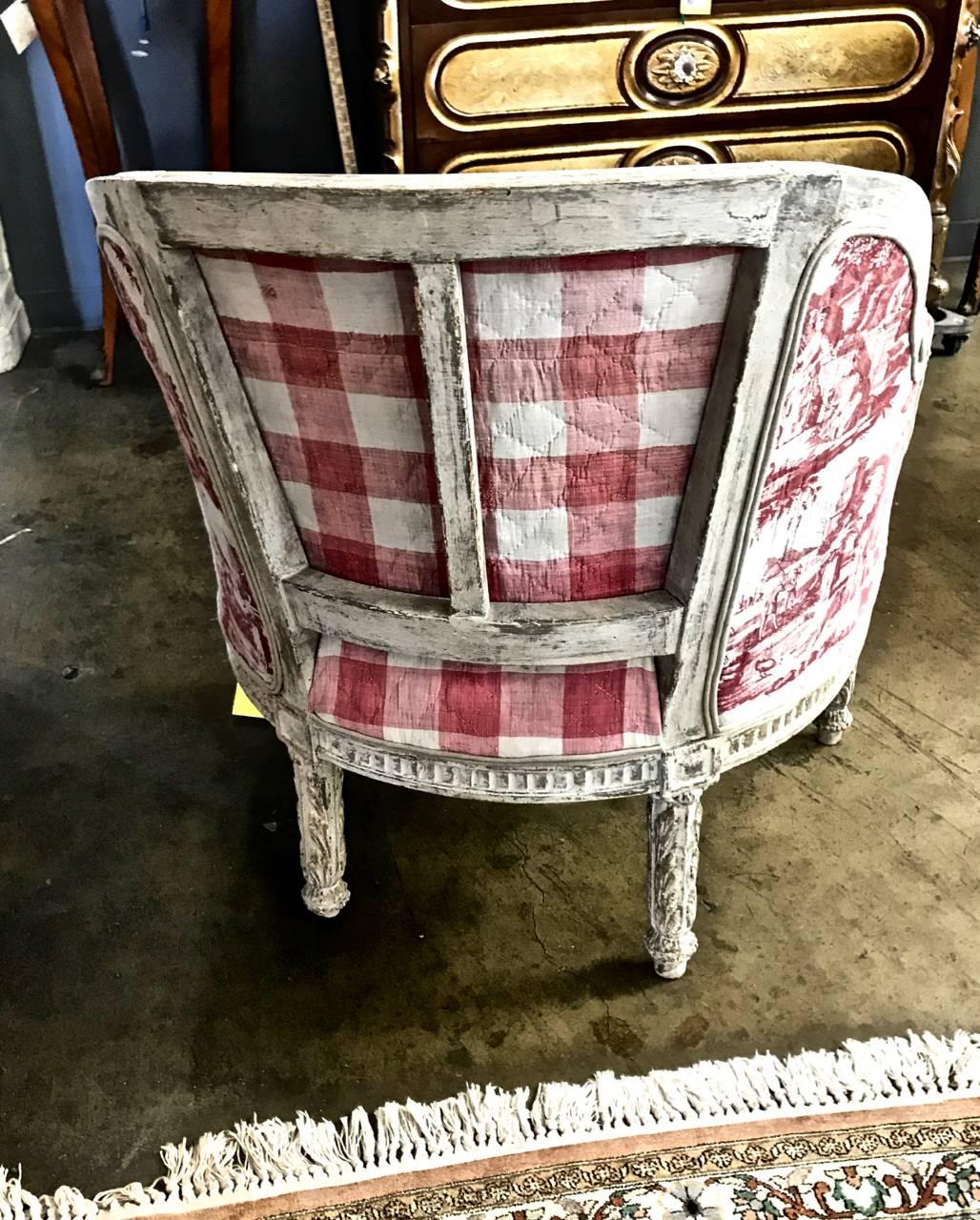  Louis XVI 18th c. French Painted Bergere in Early 19th Century Toile In Good Condition In Pasadena, CA