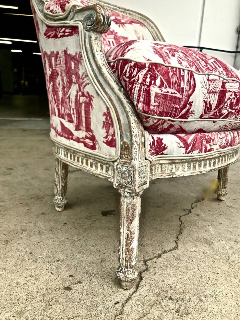 18th Century  Louis XVI 18th c. French Painted Bergere in Early 19th Century Toile