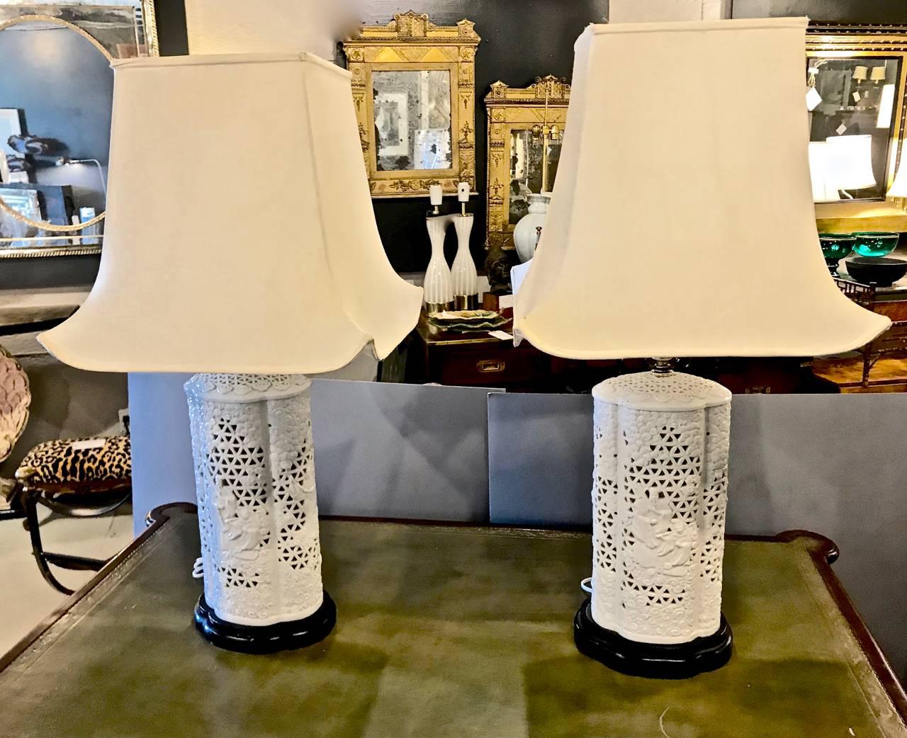 Pottery Pair of Pierced Blanc de Chine Lamps