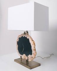 Table Lamp Indonesian Petrified Wood Slab, Brass Brushed Base, White Linen Shade
