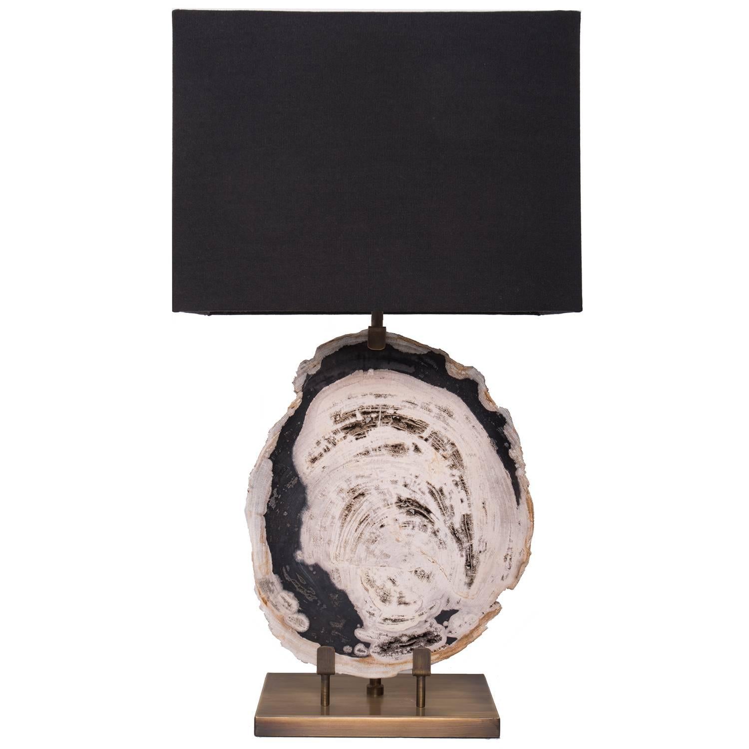 Petrified Wood Slab Table Lamp, Brass Brushed Base with Black Linen Shade