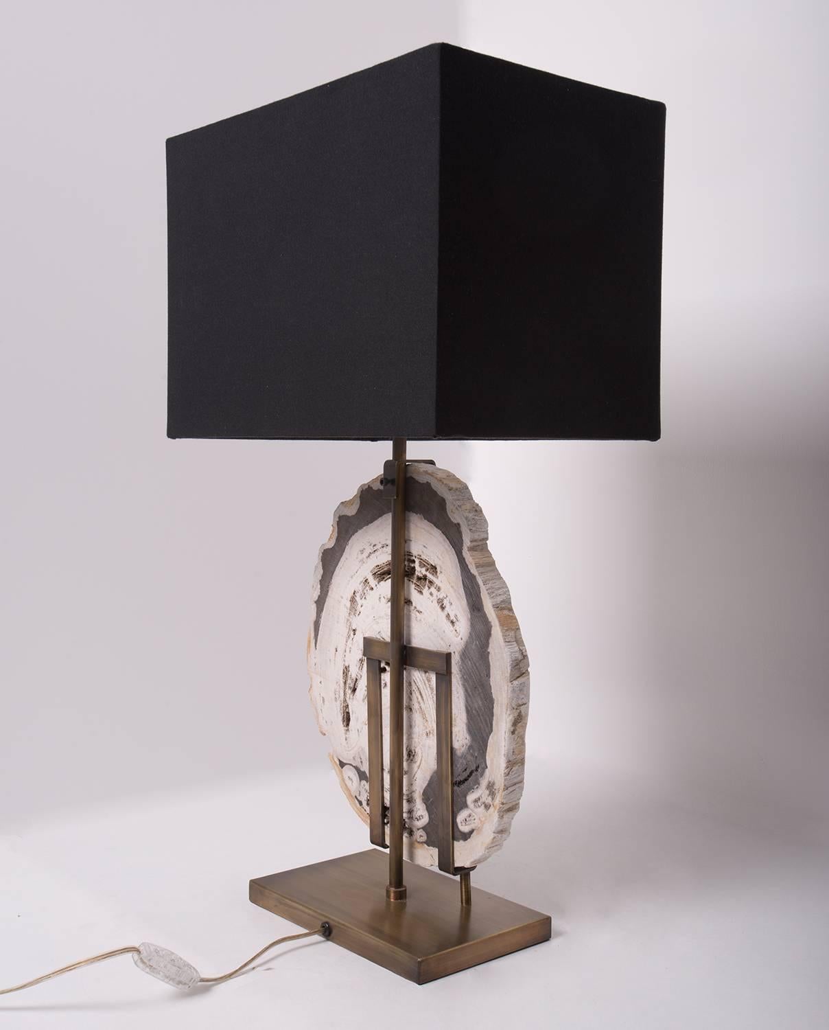 Mexican Petrified Wood Slab Table Lamp, Brass Brushed Base with Black Linen Shade