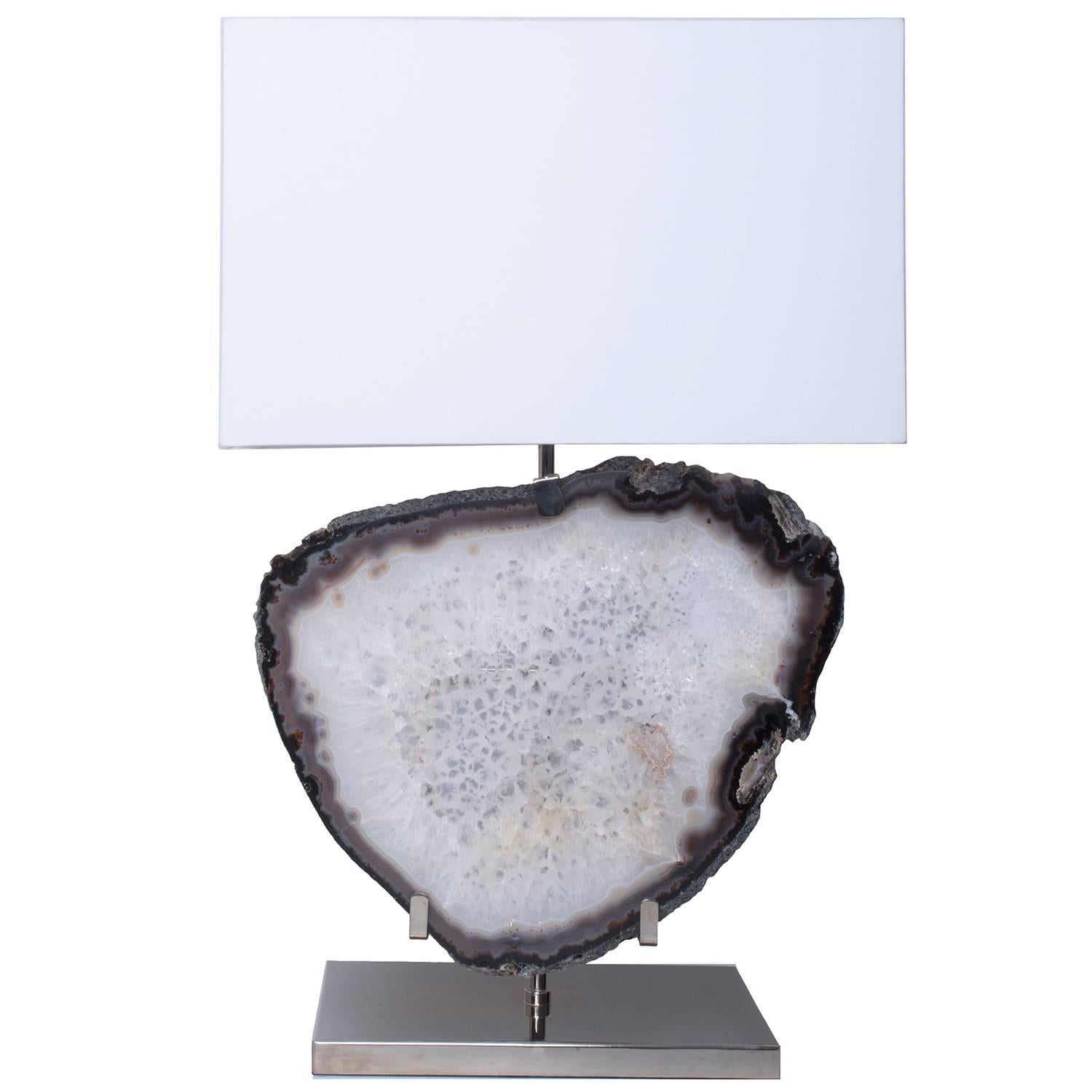 Table Lamp, White Agate, Brass with Nickel Finish Base, White Linen Shade
