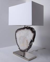 Table Lamp, White Agate, Brass with Nickel Finish Base, White Linen Shade