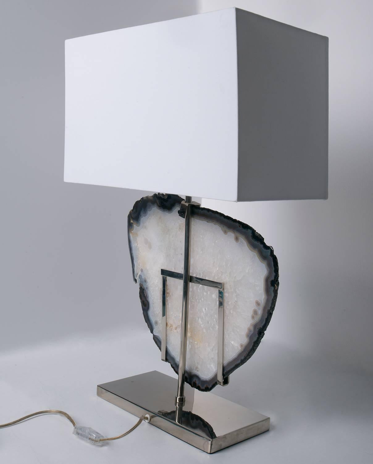 Mexican Table Lamp, White Agate, Brass with Nickel Finish Base, White Linen Shade