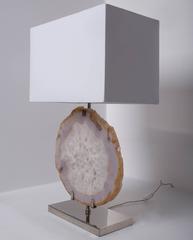 Table Lamp, White Agate, Brass with Nickel Finish Base, White Linen Shade