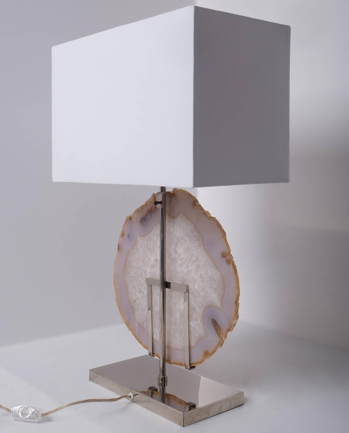 Organic Modern Table Lamp, White Agate, Brass with Nickel Finish Base, White Linen Shade