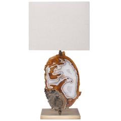 Table Lamp, Brazilian Agate Slab, Brushed Brass Base with Beige Linen Shade